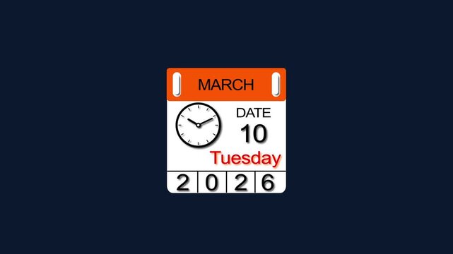 10 March 2026 Calendar Animation with clock icon. Perfect for countdown videos, on a black background. and stunning 4k animation .