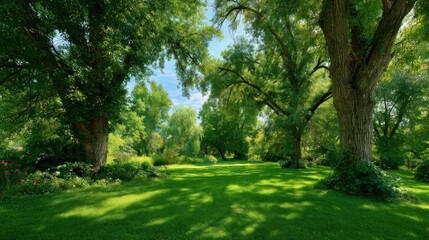 Obraz premium Lush green meadow under mature trees, dappled sunlight filtering through leaves, blue sky peeks above