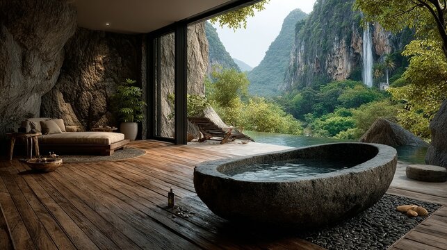 Luxurious bathroom with stone tub and bed overlooking mountain landscape through large window.