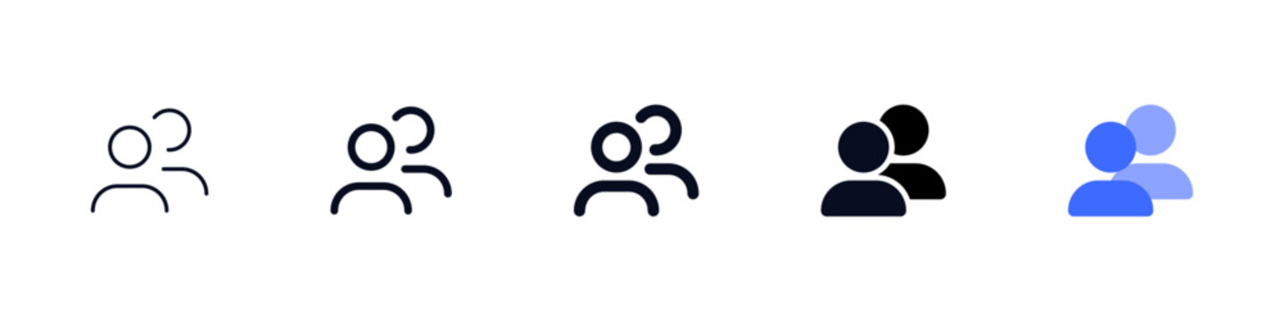 Group people or team icon set showing two user silhouettes in outline and solid styles, perfect for team pages, community features, social apps, accounts, social and collaboration interfaces