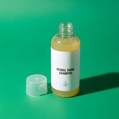 A clear plastic bottle of herbal shine shampoo with a white label and a matching cap placed on a vibrant green background, casting a shadow to the right side of the image