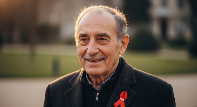 Elderly man with red ribbon on his jacket, world aids day awareness