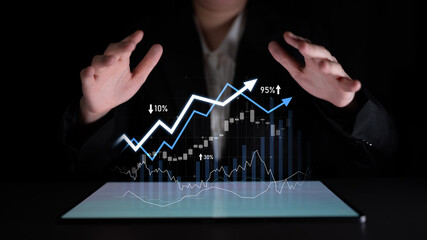 A businessperson showcases an interactive digital financial display, highlighting growth and trends with gesturing hands, emphasizing data analysis and success. Scalp