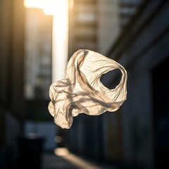 A creatively designed paper lantern illuminated by sunlight, floating outdoors against a blurred urban background during sunset