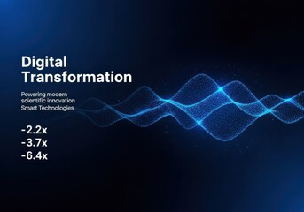 Futuristic digital transformation concept with glowing data waves and growth metrics