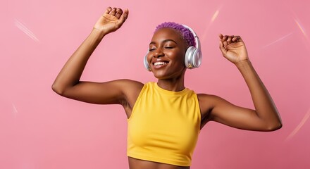 Joyful Young Woman Wearing Headphones Dancing Energetically and Smiling