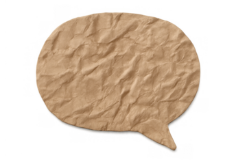 Crumpled brown paper speech bubble representing communication, chat, message, idea, or thought, with transparent background