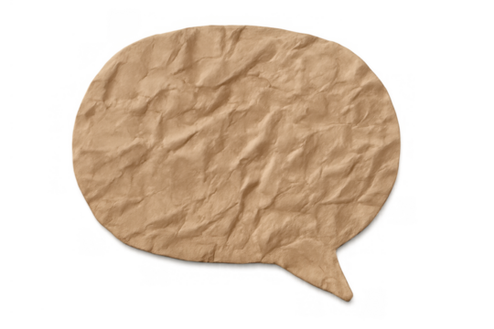 Crumpled brown paper speech bubble representing communication, chat, message, idea, or thought, with transparent background