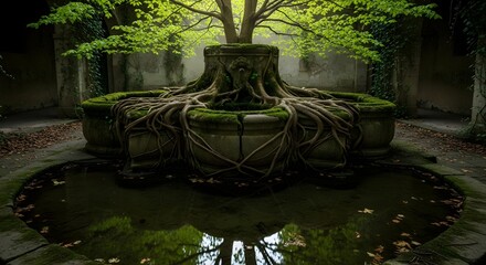 Ancient stone fountain surrounded by lush green trees in a peaceful garden setting with roots extending into the water