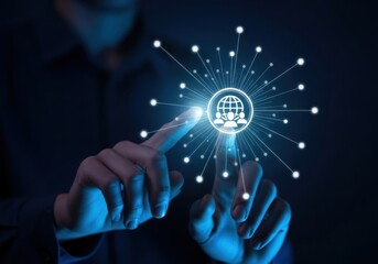 Futuristic digital interface with global network connection and interactive touchscreen technology