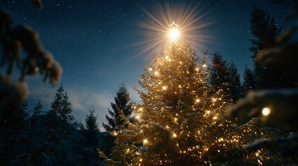 Naklejka premium Christmas tree with fairy light: A majestic Christmas tree stands adorned with twinkling fairy lights, illuminating the serene night sky, as gentle snowfall creates a magical atmosphere.