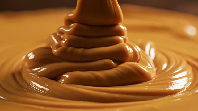 Thick Creamy Golden Caramel Sauce Pouring Slowly.