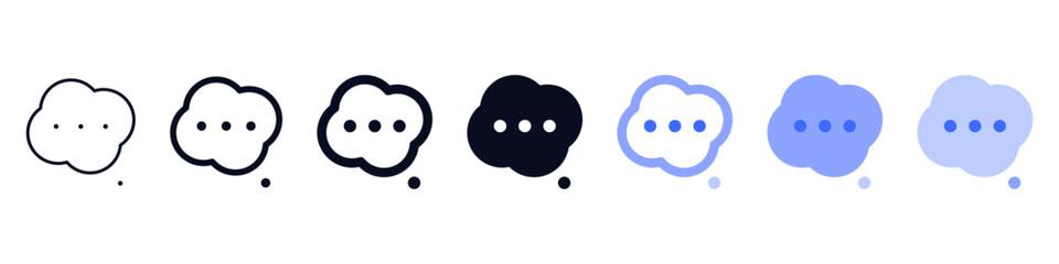 Thought bubble or thinking icon set ,  Typing or Cloud Message icons speech bubble with three dots, in outline and solid styles, ideal for ideas, thinking moments, chats, and creative messages.