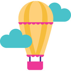 Yellow hot air balloon with pink basket and blue clouds floating in the sky on a clear day