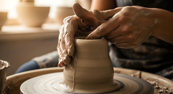 Artist shaping clay on a pottery wheel while crafting a handmade ceramic piece in a studio