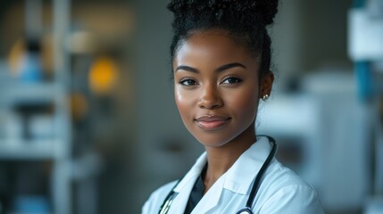 Confident Young Black Woman Doctor in Lab Coat with Stethoscope