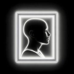 A striking neon-lit silhouette of a person's profile framed by glowing geometric shapes creating a modern and futuristic visual effect