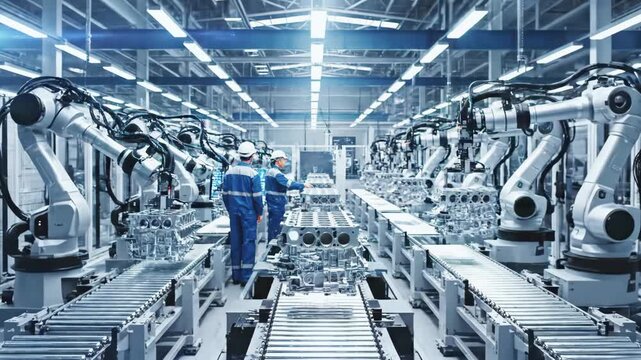 Two workers in safety helmets view a 3D model of an engine block on a holographic display