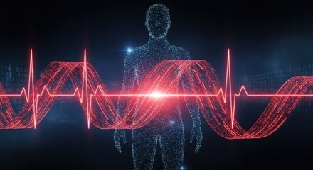 Digital human form with heartbeat and data stream, representing health