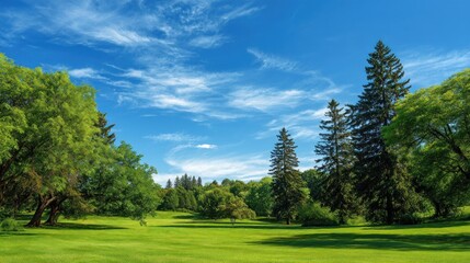 A vibrant daytime scene showcases a lush green meadow dotted with trees of various heights, under a bright blue sky with wispy clouds