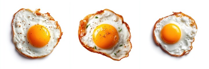 Three Delicious Fried Eggs with Crispy Edges Isolated on White Background