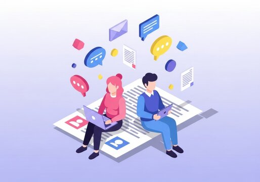 Two people collaborating online with digital communication icons and laptops in isometric style