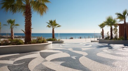 Sunny seaside vista features mosaic pavement leading to an ocean view, framed by palm trees and a clear blue sky