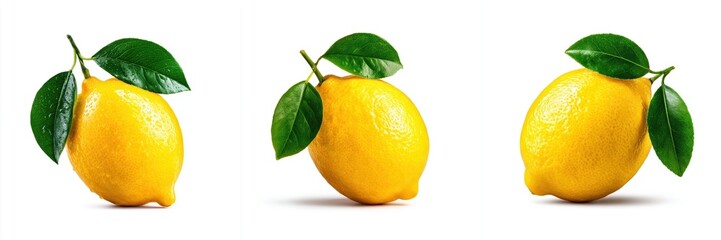 Fresh Yellow Lemon with Green Leaves and Water Drops, Isolated on White