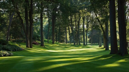Obraz premium Verdant green lawn, framed by tall trees, bathed in sunlight
