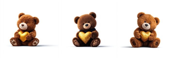 Obraz premium Adorable Fluffy Brown Teddy Bears Holding Sparkling Golden Hearts