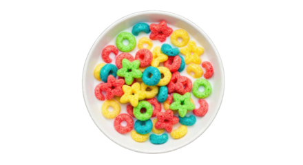Top view of a white bowl filled with colorful fruity cereal pieces including rings stars and ovals in milk isolated on a transparent background with no discernible defects