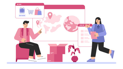 Business People Discussing Import-Export Documents Flat Vector Illustration