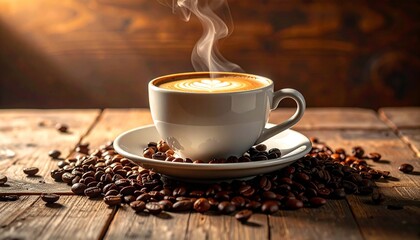 Steaming hot coffee with elegant latte art and roasted beans on a rustic wooden table, creating an inviting and aromatic beverage scene for a cozy moment
