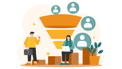 Business People Reviewing Sales Funnel Flat Vector Illustration
