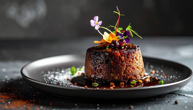 A gourmet individual portion of rich, decadent dessert, elegantly presented with edible floral garnishes and scattered sugar on a dark plate, perfect for a refined culinary experience