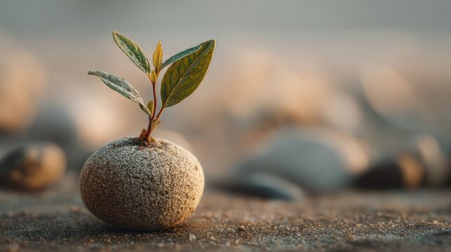 A tiny sprout emerges from a round, textured stone on a sandy surface. Blurred background reveals more stones and sunlight. A symbol of growth - Powered by Adobe
