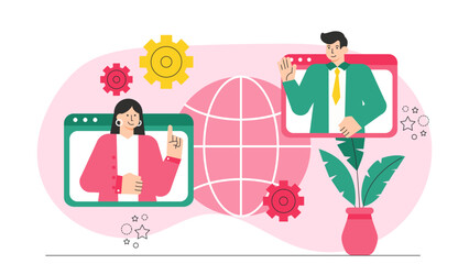 Flat Design Global Business Collaboration Online Flat Vector Illustration