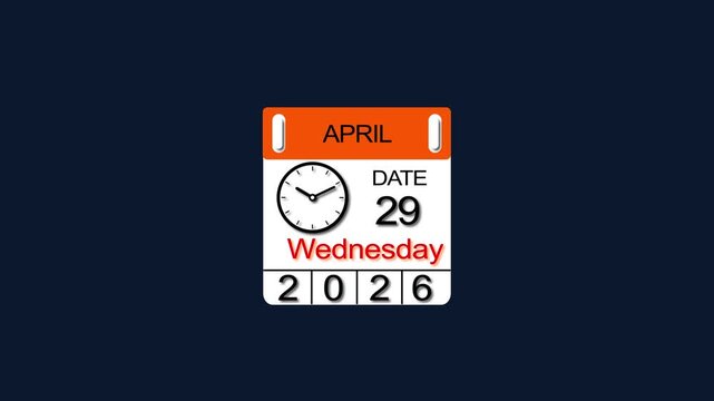 29 April 2026 Calendar Animation with clock icon. Perfect for countdown videos, on a black background. and stunning 4k animation .