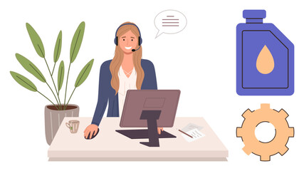 Female agent with headset at desk using desktop, next to plant, oil bottle, and gear. Ideal for support, workflow, business process, communication, teamwork solutions simple flat metaphor