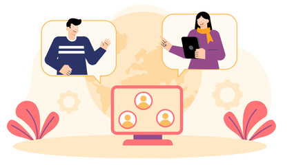Flat Design Global Business Collaboration Online Flat Vector Illustration
