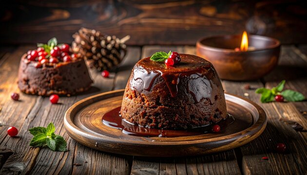 A delicious homemade Christmas pudding with a rich sauce and cranberry garnish on a rustic wooden table for a festive holiday dessert - Powered by Adobe