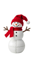 A charming snowman with a red hat and scarf stands against a white background.