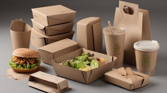 An assortment of eco-friendly takeaway containers & packaging, from boxes & bags to cups & a burger, all in natural brown hues