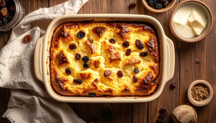Delicious homemade baked bread pudding with sweet raisins, a classic comfort food dessert served warm from a casserole dish on a rustic wooden table