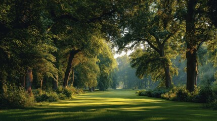 Obraz premium Sunlit path through a dense, verdant forest. Lush green trees line a grassy avenue, bathed in morning light