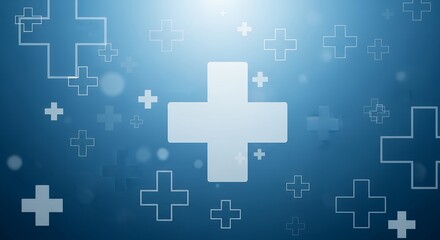 Fototapeta premium Abstract light blue background with numerous glowing medical crosses, symbolizing healthcare and science.