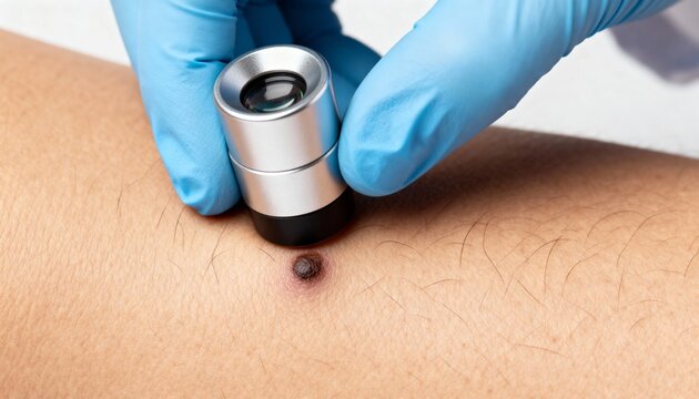 Dermatologist examining a mole on a patients skin with a dermatoscope close-up view for skin cancer check and diagnosis - Powered by Adobe