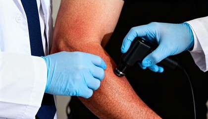 Dermatologist examining patients skin with dermatoscope medical professional checking for skin cancer early detection and prevention concept