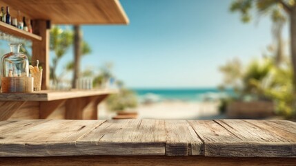 Wooden beach bar counter, out-of-focus tropical setting