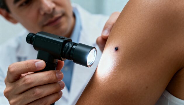 Dermatologist examining mole on patients arm with dermatoscope close-up view for skin cancer check healthcare and medical concept - Powered by Adobe